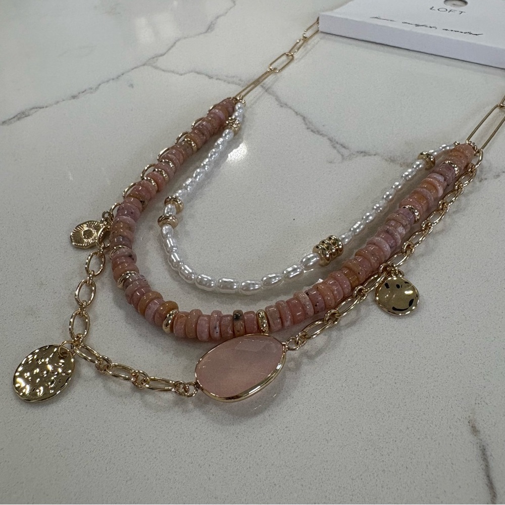 LOFT Pink Pearl & Gold Layered Pendant Necklace with Delicate Chains - Picture 5 of 10